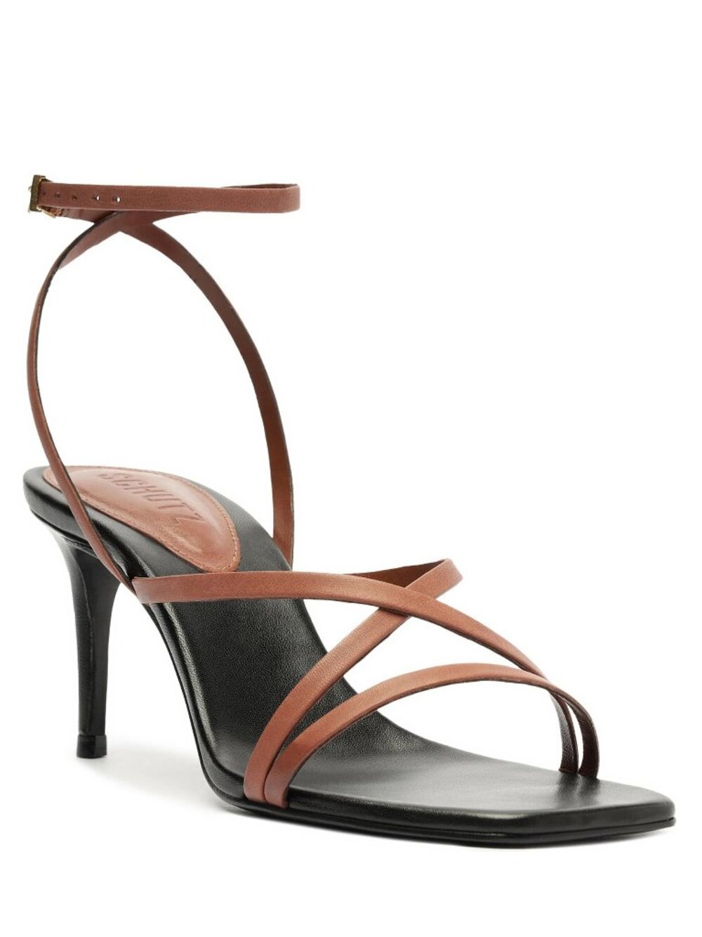 Schutz Bari Mid Strappy Heel Sandals Brown/Black